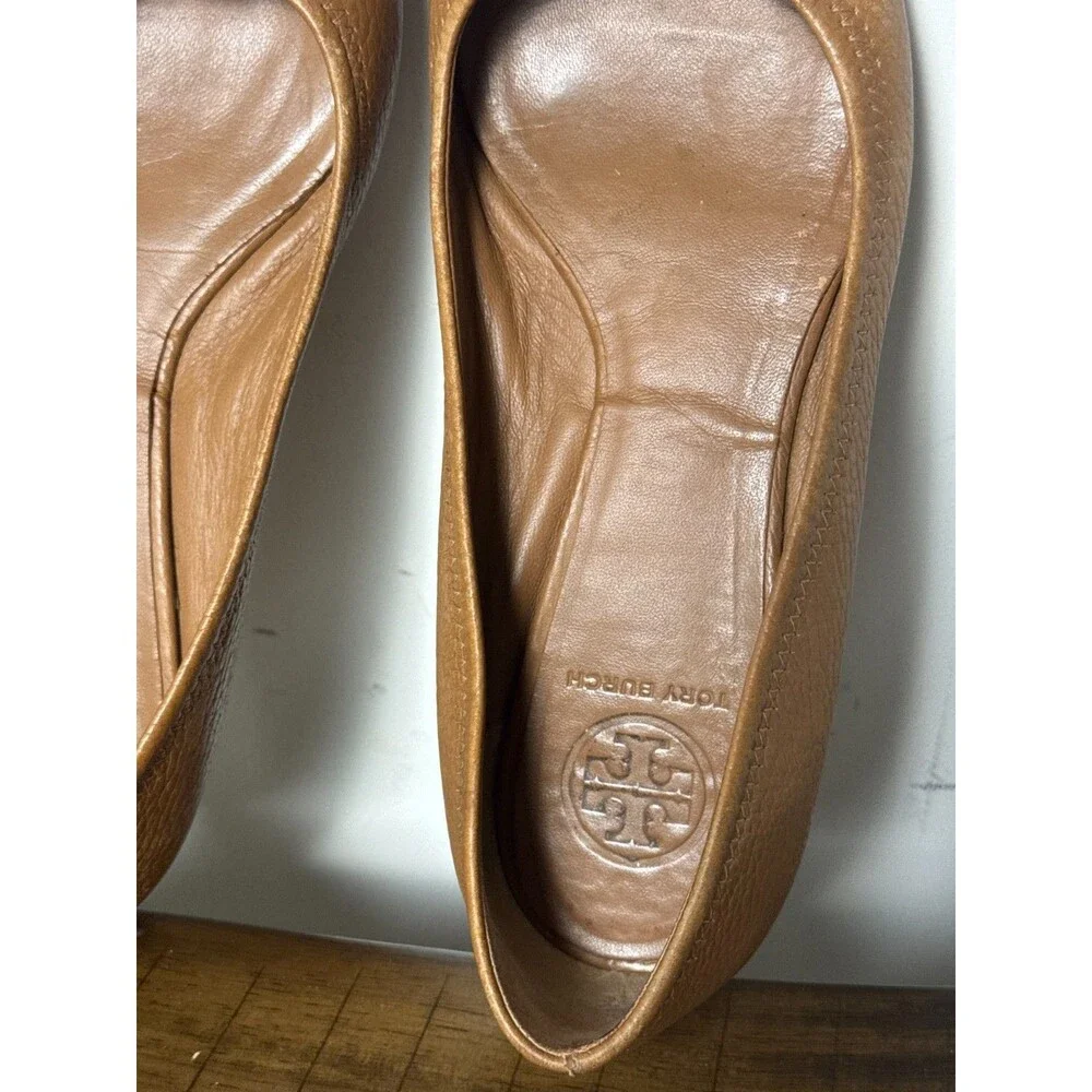 Tory Burch Reva Ballet Flats Women’s 7.5 Brown Tan Leather Gold Logo